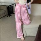 High-waist Plaid Wide-leg Pants Pink - One Size