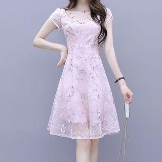 Floral Embroidered Cap-sleeve A-line Mesh Dress