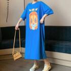 Lion Elbow-sleeve Midi T-shirt Dress