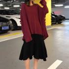 Plain Long-sleeve T-shirt / Ruffle Hem Midi Skirt
