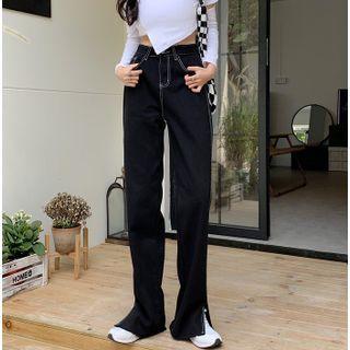 High Waist Stitched Slit-side Straight Leg Jeans