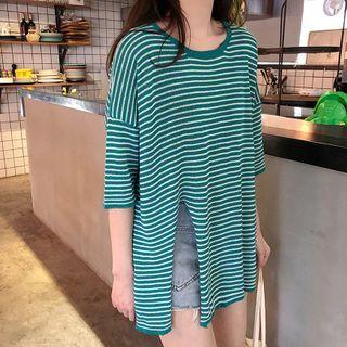 Short-sleeve Striped Slit T-shirt