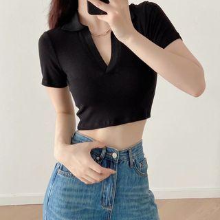 Short Sleeve V-neck Plain Crop Polo Top