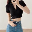 Short Sleeve V-neck Plain Crop Polo Top