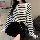 Striped Button-up Sweater / Mini Pleated Skirt