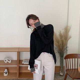 Turtle-neck Stripe-trim Top