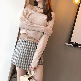 Plain / Striped Cold-shoulder Mock Two-piece Knit Top