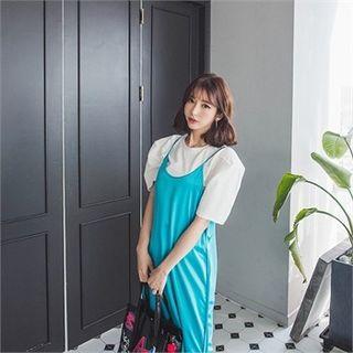 Slit-side Satin Long Pinafore Dress