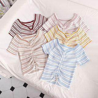 Short-sleeve Striped Drawstring Crop Knit Top