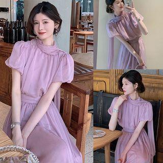 Set: Short-sleeve Tie-neck Blouse + A-line Midi Skirt