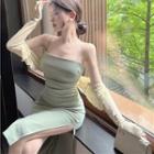 Long Sleeve Plain Crop Cardigan / Spaghetti-strap Plain Slit-side Midi Dress
