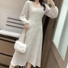 Long-sleeve Square-neck Lace Midi A-line Dress