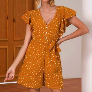 Cap-sleeve V-neck Dotted Romper