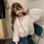 Long-sleeve Knit Panel Blouse White - One Size
