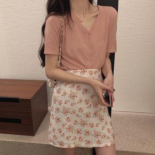 Short-sleeve Cardigan / Floral Print A-line Mini Skirt