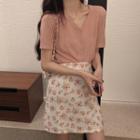 Short-sleeve Cardigan / Floral Print A-line Mini Skirt