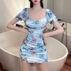 Puff-sleeve Butterfly Print Mini Sheath Dress