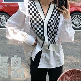 Mock Two-piece Ruffled Checker Print Blouse Checker Print - Black & White - One Size