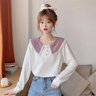Contrast Color Collar Long-sleeve Blouse