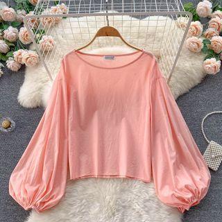 Plain Round-neck Lantern-sleeve Top Pink - One Size