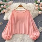 Plain Round-neck Lantern-sleeve Top Pink - One Size