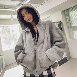 Drop-shoulder Kangaroo-pocket Zip-up Hoodie
