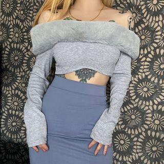 Long-sleeve Off-shoulder Faux Fur Trim Crop Top