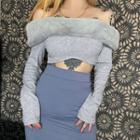 Long-sleeve Off-shoulder Faux Fur Trim Crop Top