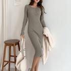 Long-sleeve Half-button Knit Midi Bodycon Dress