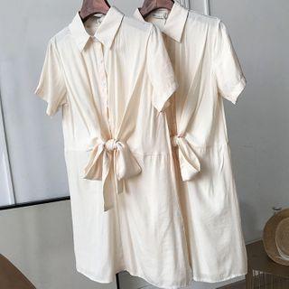 Half-placket Short-sleeve Shirtdress Almond - One Size