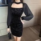 Puff-sleeve Floral Velvet Mini Dress