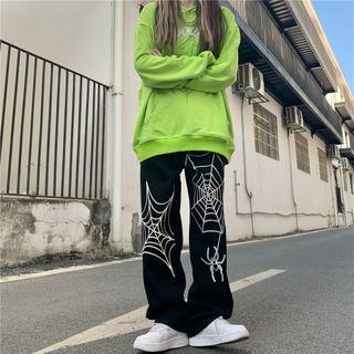Spider Embroidered Wide Leg Pants