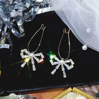 Rhinestone Faux Pearl Bow Dangle Earring 1 Pair - White & Gold - One Size