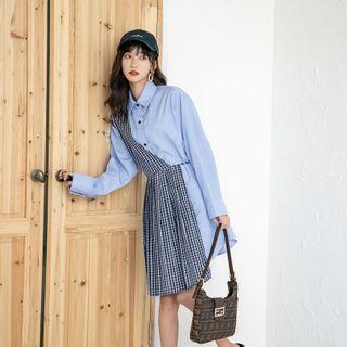 Mock Two-piece Long-sleeve Plaid Panel Shirt Dress