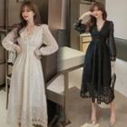 Long-sleeve V-neck Lace Midi Dress