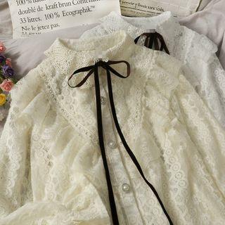 Ribbon-neckline Mesh-trim Lace Shirt