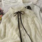 Ribbon-neckline Mesh-trim Lace Shirt