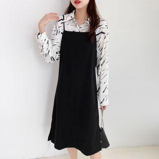 Print Shirt / Spaghetti Strap Plain Midi Dress