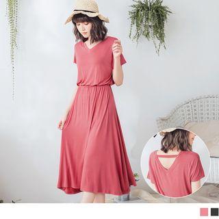Cutout-back Gather-waist Short Sleeve Dress