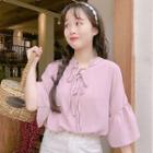 3/4-sleeve Lace Up Blouse Pink - One Size