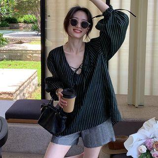Elbow-sleeve Tie-front Striped Blouse