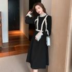 Mock-neck Lace Blouse / Long-sleeve Lace Trim Midi Dress