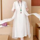 Set: Sleeveless Midi Dress + Flower Embroidered Light Jacket