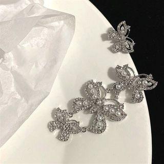 Non-matching Rhinestone Faux Pearl Butterfly Earring 1 Pair - Butterfly - Silver Needle - One Size