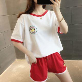 Set: Contrast Trim Print Short-sleeve T-shirt + Shorts