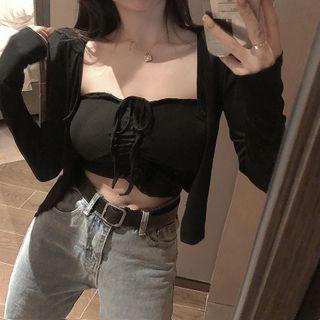 Set: Long-sleeve Knit Cardigan + Halter Crop Top