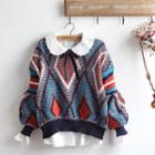 Color Block Lantern-sleeve Sweater / Long-sleeve Shirt / Set: Color Block Lantern-sleeve Sweater + Lace Collar Long-sleeve Shirt