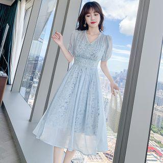Set: Short-sleeve Midi A-line Mesh Dress + Floral Print Slipdress