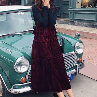 Set: Long-sleeve Top + Midi Velvet A-line Pinafore Dress