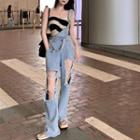 Distressed Straight-leg Jumper Jeans / Strapless Striped Top